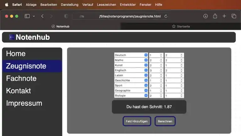 Webseite zum Berechnen von Notendurchschnitten